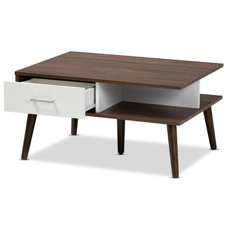 Baxton Studio Merlin Walnut and White Finished 2-Drawer Wood Coffee Table 163-10453